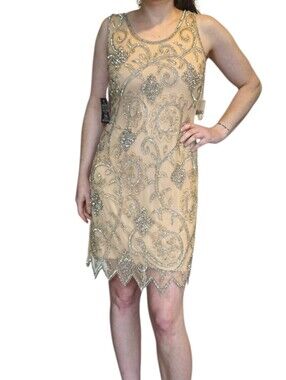 NWT Prelude Beaded Sequin Flapper Cocktail Dress Gold Silver Art Deco Size 6